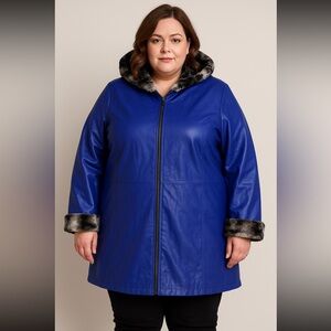 🧥 Reversible Blue Faux Leather & Fur Coat (Plus Size)